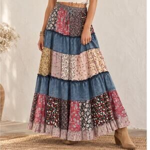 Young Threads Patchwork Denim Floral Boho Maxi Skirt Small NWOT